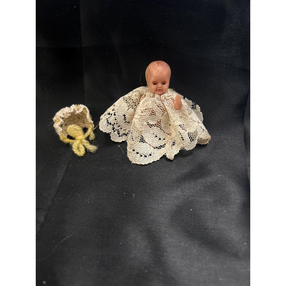 1950s Galetti Italy Mini Doll – Original Lace Bonnet, Gown, Two Roosters Stamp